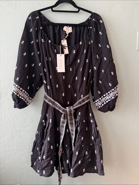 Cleobella Black Mini Dress with White Floral Embroidery and Woven Belt